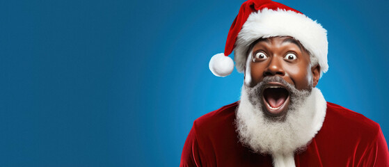 Happy excited black claus in santa hat on blue background.