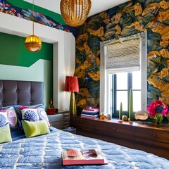 A vibrant and eclectic bedroom with colorful textiles, patterned wallpaper, and unique art pieces1, Generative AI