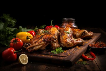 Cooked chicken wings and legs on a wooden cutting board. Dark background
