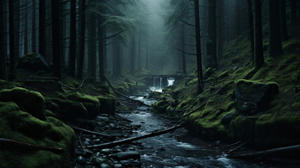 A dark forest with a path