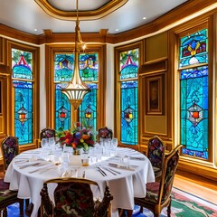 A luxurious, art nouveau dining room with stained glass windows, ornate furnishings, and nature-inspired motifs2, Generative AI