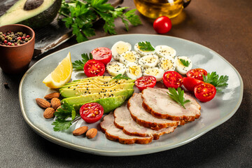 Chicken fillet with salad. Buddha Bowl. Healthy food, keto diet, Healthy fats, clean eating for weight loss, banner, menu, recipe place for text, top view