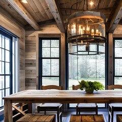 A rustic, farmhouse-style dining room with a reclaimed wood table, ladder-back chairs, and mason jar lighting2, Generative AI