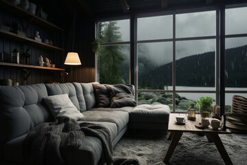 Scandinavian style designed living room interior scene on stormy weather