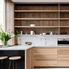 Fototapeta na wymiar A minimalist, Scandinavian kitchen with light wood cabinetry, open shelves, and clean lines2, Generative AI
