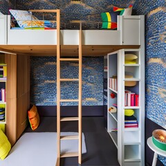 A playful, children's bedroom with bunk beds, vibrant wallpaper, and plenty of storage space5, Generative AI - obrazy, fototapety, plakaty