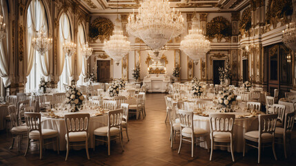 Fototapeta na wymiar A fancy banquet hall with a chandelier and tables