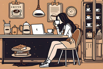 Woman drinking  at a coffee shop, Generative AI