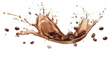 splashing coffee with coffee beans, isolated on white background, 3d rendering, Generative AI