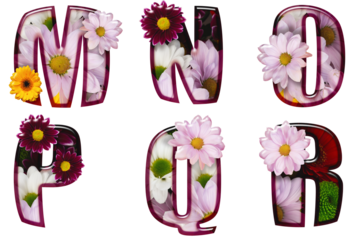Floral letters made from different colors of flowers