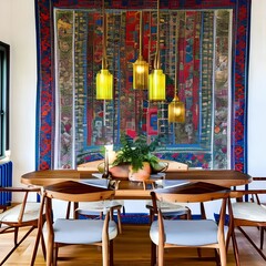 A colorful, bohemian dining room with mismatched chairs, hanging lanterns, and tapestry wall art2, Generative AI