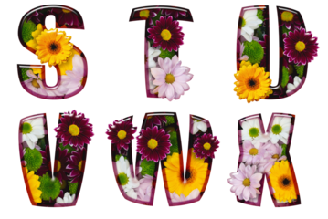 Floral letters made from different colors of flowers