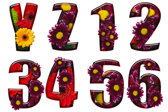 Floral letters and numbers made from different colors of flowers