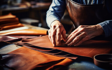 Artisan woman working with leather in workshop. Close up photo of the process of making leather goods. - obrazy, fototapety, plakaty