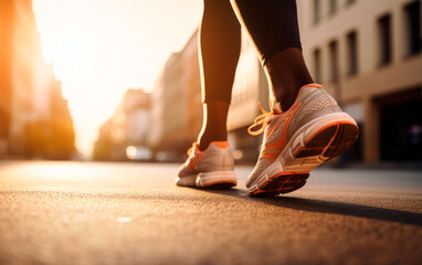 Woman running or walking on the road with sun in the background. Health and lifestyle concept.