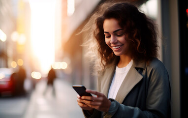Woman using smartphone on the street while smiling.