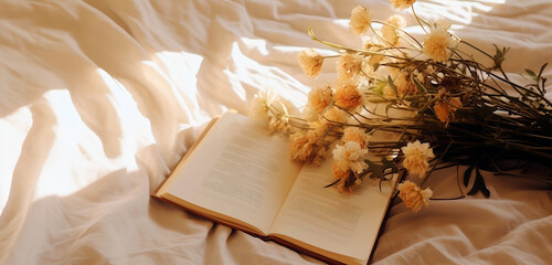 Banner of cozy morning on the bed with flowers and sun rays coming in. Photo with copy space.