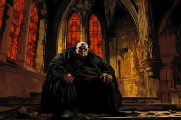 Fantasy background, an inquisitor in a gloomy church - obrazy, fototapety, plakaty