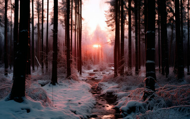 Sunset in the woods during winter.
