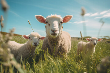 Sheep in field on sunny day with ewe and lambs - obrazy, fototapety, plakaty