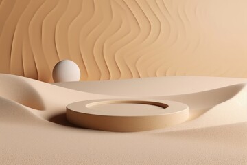 Cosmetic background for product presentation, podium display on Zen circle pattern in sand, 3d rendering, Generative AI