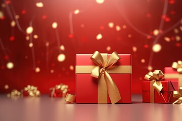 red gift box gold ribbon valentine or christmas or anniversary celebration surprise background 3d rendering, generative ai
