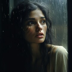 Contemplative Woman Gazing Through Rain Spattered Window Deep in Thought on a Rainy Day