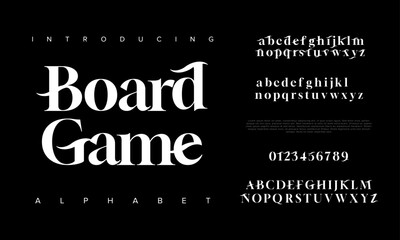 Boardgame premium luxury elegant alphabet letters and numbers. Elegant wedding typography classic serif font decorative vintage retro. Creative vector illustration