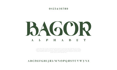 Bagor premium luxury elegant alphabet letters and numbers. Elegant wedding typography classic serif font decorative vintage retro. Creative vector illustration