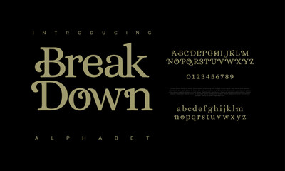 Breakdown premium luxury elegant alphabet letters and numbers. Elegant wedding typography classic serif font decorative vintage retro. Creative vector illustration