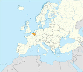 Gray CMYK national map of BELGIUM inside detailed white blank political map of European continent on blue background using Mollweide projection