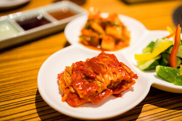 Korean cuisine appetizer kimchi in restaurant