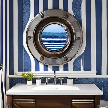 A nautical-themed bathroom with navy blue and white stripes, porthole mirrors, and seashell decor2, Generative AI