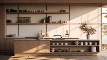 future kitchen decor theme inspired by Japanese minimalism, featuring clean lines, Zen-inspired details, and natural materials