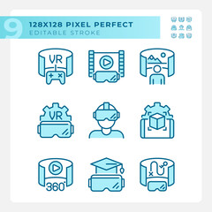 2D pixel perfect icons collection representing VR, AR and MR, editable blue thin line illustration.