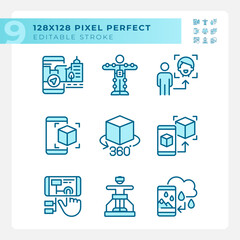 Pixel perfect blue icons set of VR, AR and MR, editable thin linear illustration.