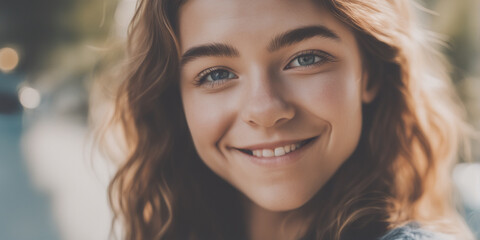 Fototapeta premium Beautiful American good woman nice fashion half body eye contact and background empty space for design in USA