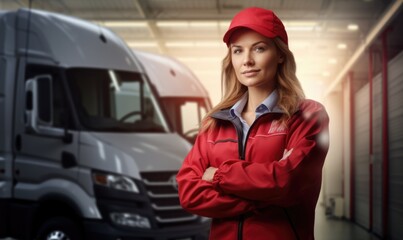 Fototapeta premium delivery femal person infront of delivery transportation cars