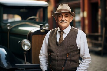 Senior Gentleman Stands with Crossed Arms Before Classic Automobile. - obrazy, fototapety, plakaty