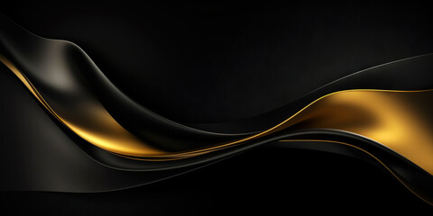Fototapeta premium Abstract background with realistic golden and black wavy fluid shape. Interwined gold stripes. Generative AI