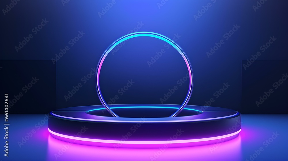 Poster a mesmerizing neon-lit stage with a glowing circular halo set against a deep gradient of purples and