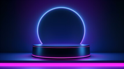 A mesmerizing neon-lit stage with a glowing circular halo set against a deep gradient of purples and blues, showcasing a futuristic and sleek design perfect for modern presentations and displays.
