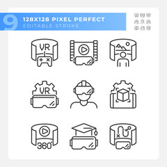 2D pixel perfect icons collection representing VR, AR and MR, editable black thin line illustration.