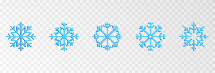 Vector set of snowflakes png. Snowflakes of different shapes PNG. Volumetric blue snowflakes.