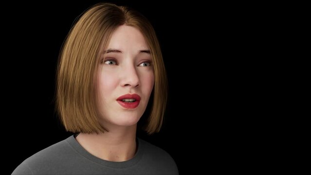 Metaverse female avatar in virtual chat world. Artificial human character talking. Beautiful 3d model human scan animated.