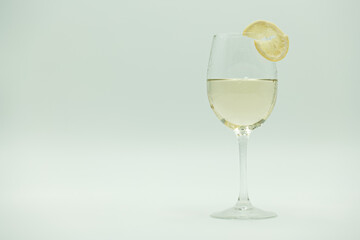kieliszek, białe wino, napój, picie, szkło, na białym tle, plaster cytryny, alkohol, drink, 