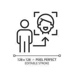 2D pixel perfect editable black face recognition icon, isolated simple vector, thin line illustration representing VR, AR and MR.
