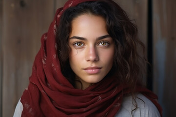 Portrait of a Middle Eastern girl with a red scarf.