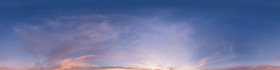 Sunset sky panorama with bright glowing pink Cirrus clouds. HDR 360 seamless spherical panorama. Full zenith or sky dome for 3D visualization, sky replacement for aerial drone panoramas.