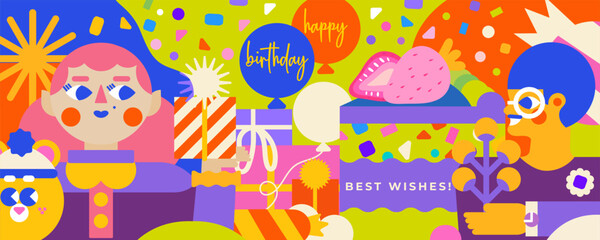 Celebrate a special birthday with this adorable illustration! A boy with a flower, a girl holding beautifully wrapped gifts, a cute teddy bear and bright balloons. The perfect gift for birthday wishes